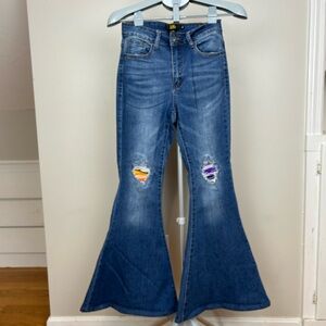 L&B Retro 70’s Flare Bell Bottom High Waist Distressed Jeans Denim